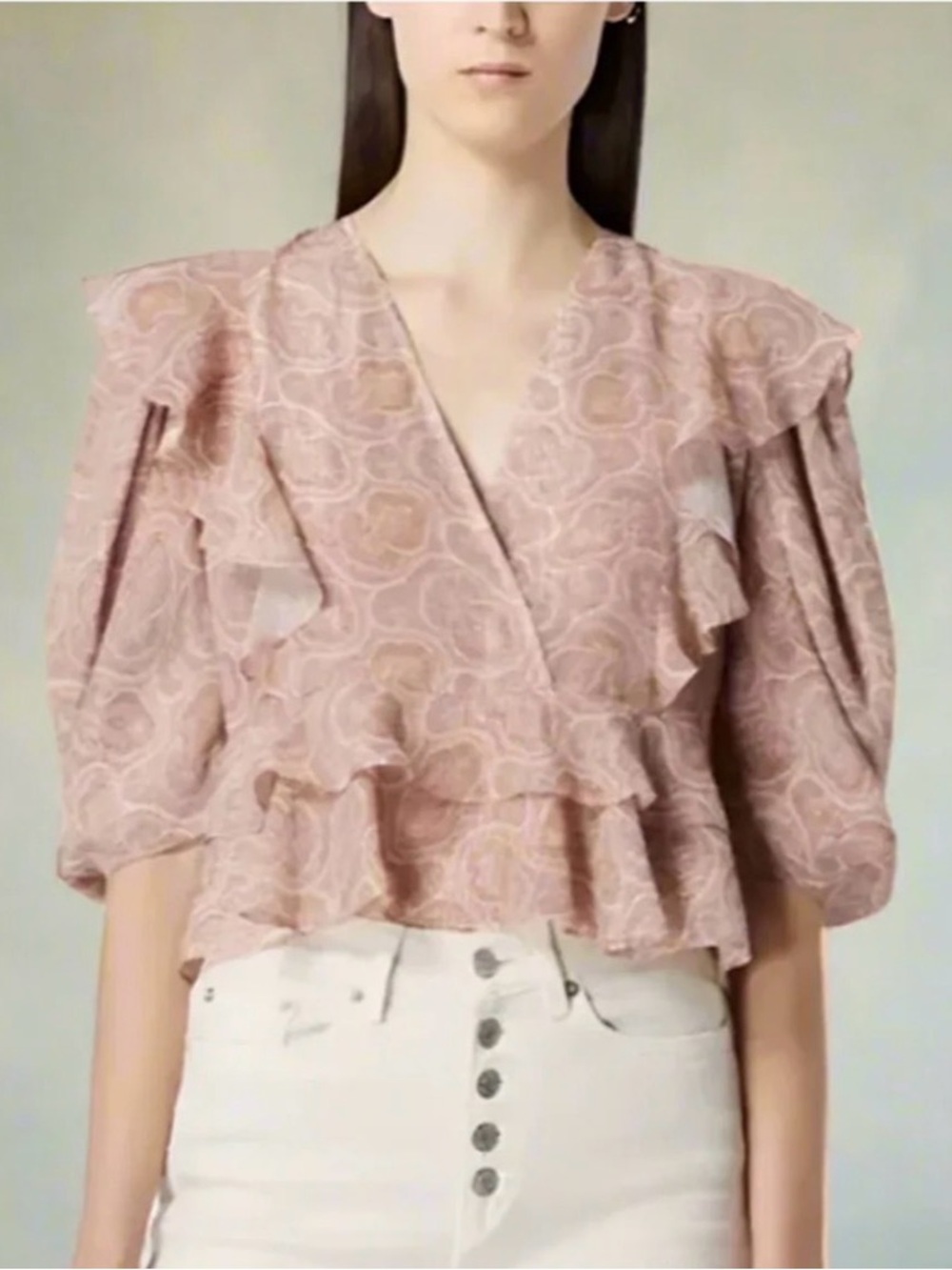 The Kooples Silk Crop Top Womens Pink Paisley V-Neck Ruffle Blouse